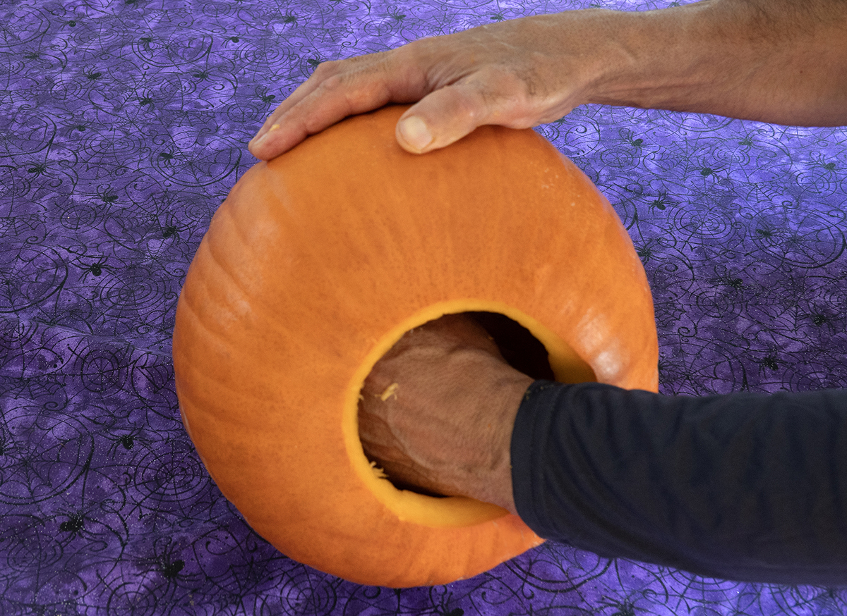 Reaching through the bottom opening to clean out a pumpkin