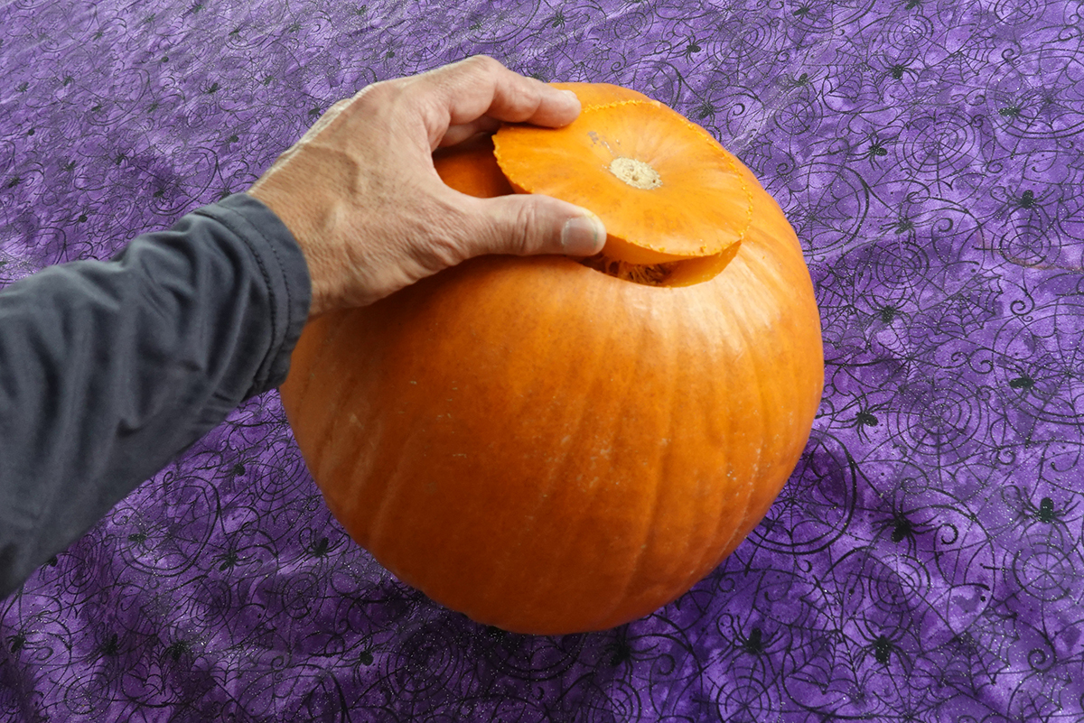 Removing the cut-out bottom of a pumpkin